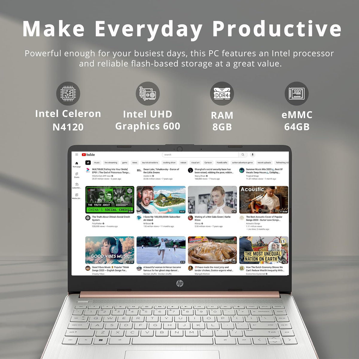 HP Stream 14' HD BrightView Laptop, Intel Celeron N4120 Processor, 8GB RAM, 64GB SSD, Intel UHD Graphics, 720p Webcam, WiFi, HDMI, Win 11 S, Gold (Renewed)