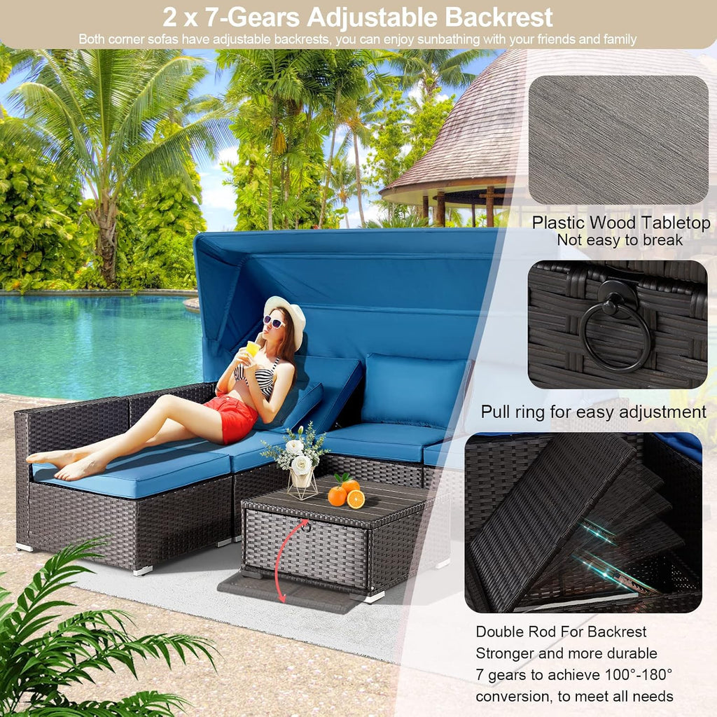 6 Pieces Patio Furniture Sets Outdoor Sectional Sofa Set Rattan Daybed with Retractable Canopy, Adjustable Backrest, Storable Tea Table Rectangle Sunbed for Backyard Garden Poolside(Blue)