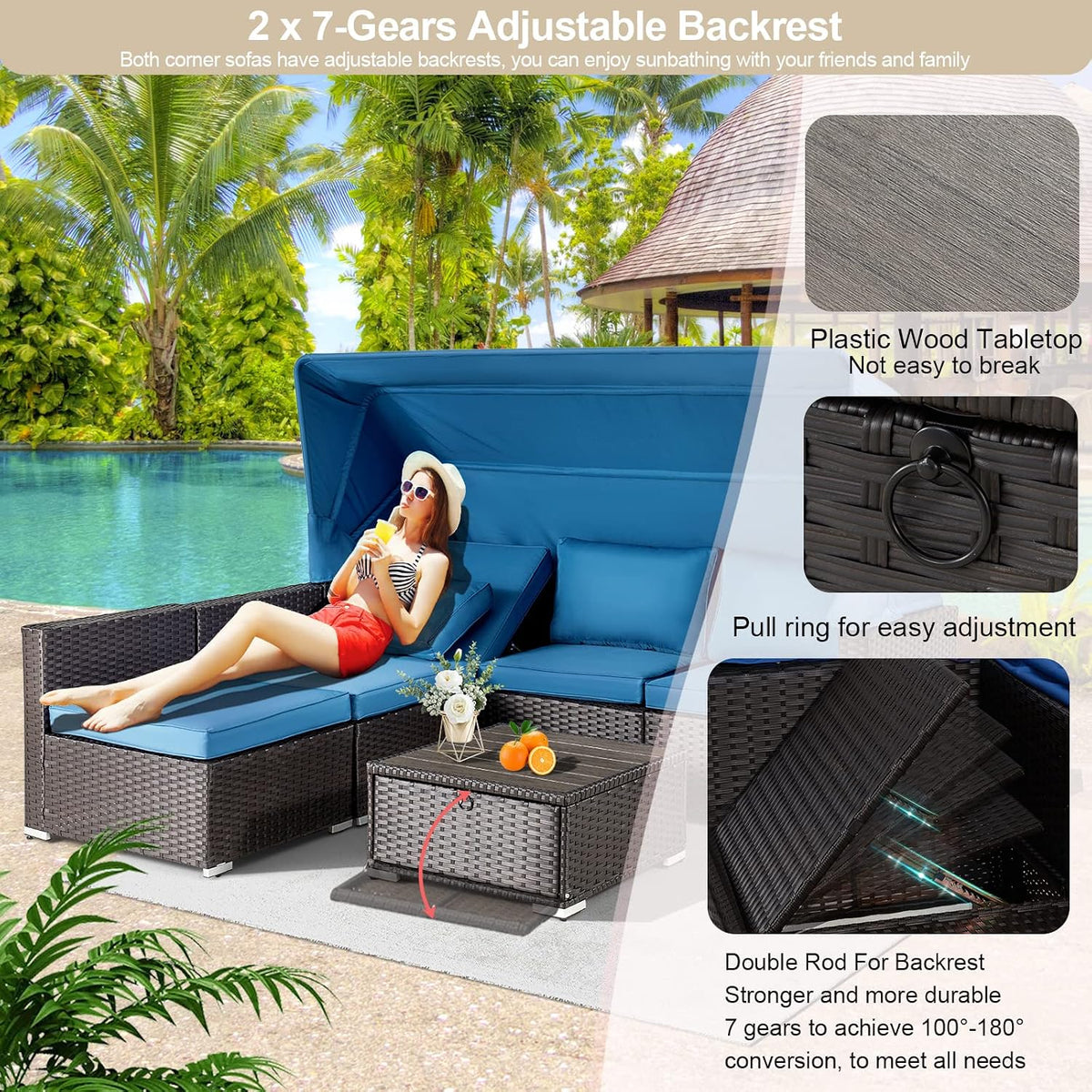 6 Pieces Patio Furniture Sets Outdoor Sectional Sofa Set Rattan Daybed with Retractable Canopy, Adjustable Backrest, Storable Tea Table Rectangle Sunbed for Backyard Garden Poolside(Blue)