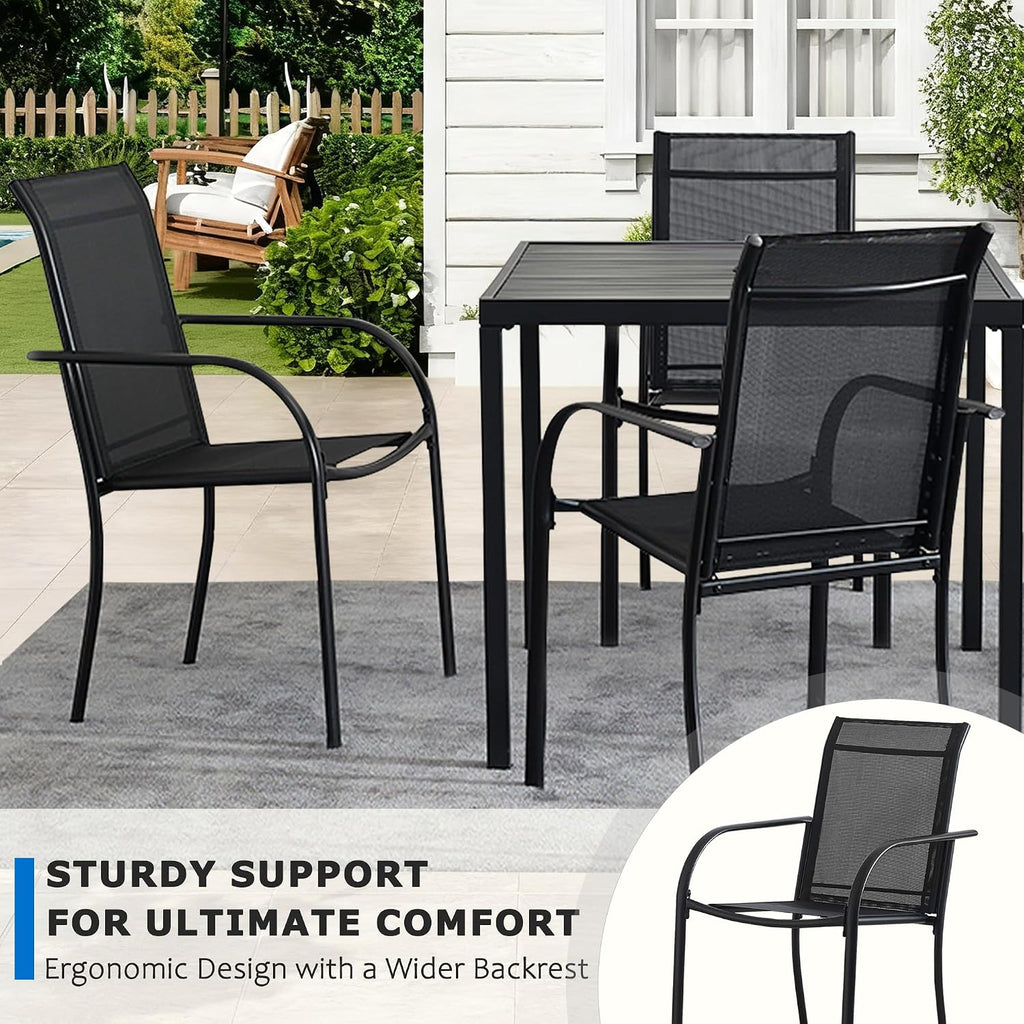 5-Piece Outdoor Dining Set, 35.5' Square Metal Patio Table with Black Chairs, Black Table with Umbrella Hole for Garden, Yard, Patio