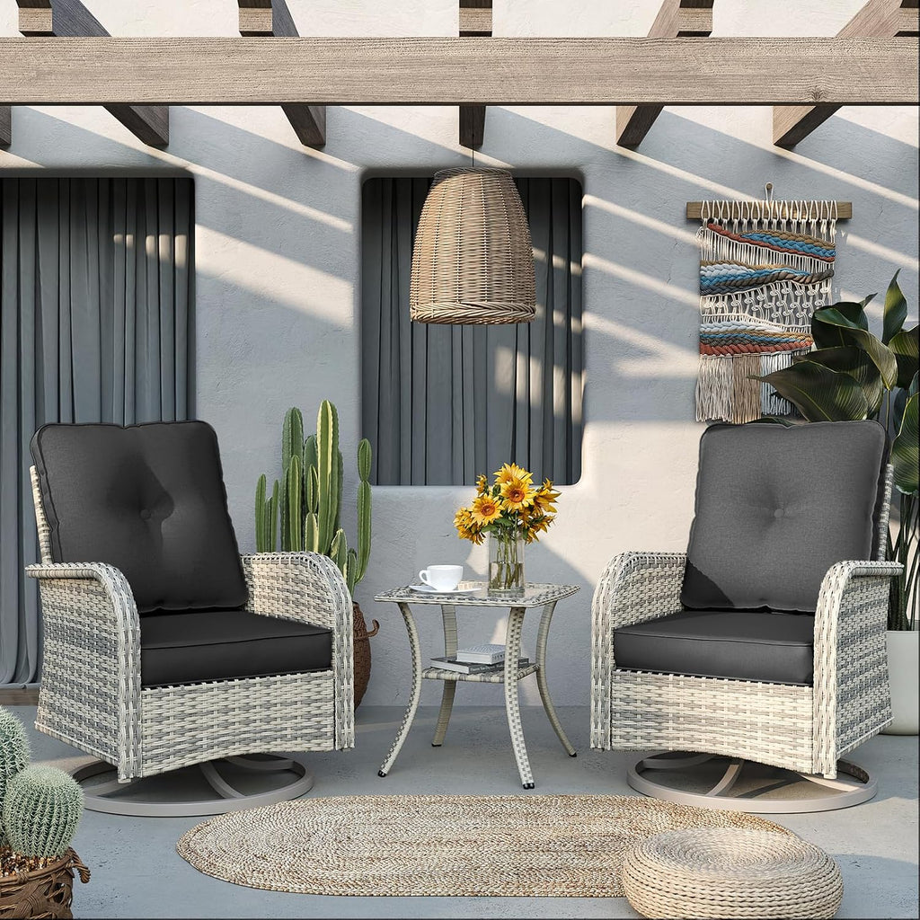 6-Piece Patio Rocking Swivel Chair Outdoor Wicker Rattan Bistro Set with Tempered Glass Side Table, Outdoor Patio Furniture Set for Garden, Deck, and Balcony, Dark Grey