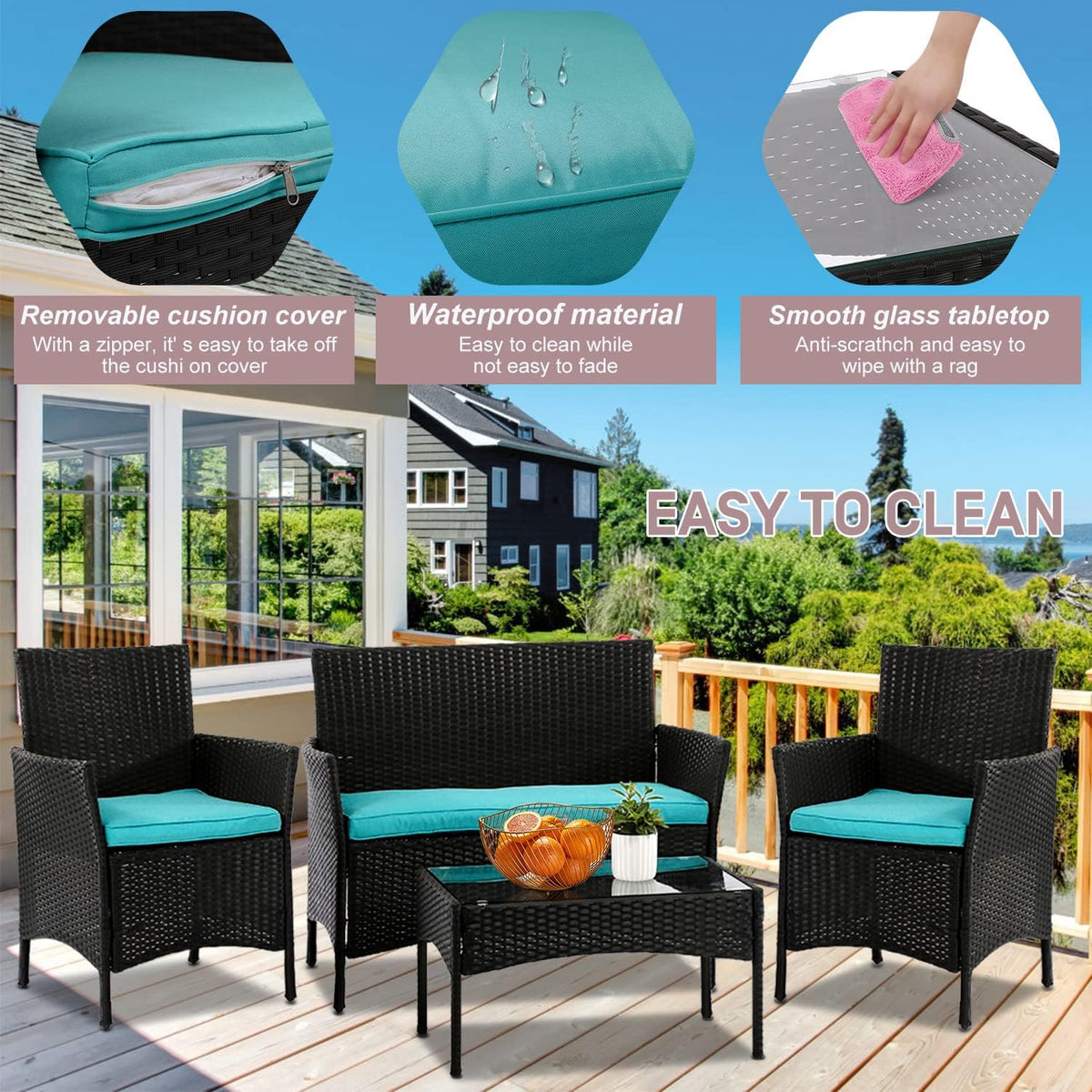 4 Pieces Wicker Patio Furniture Set Conversation Chairs with Table, Outdoor Rattan Patio Set for Balcony Backyard Front Porch Deco with Cushion Seat, Blue