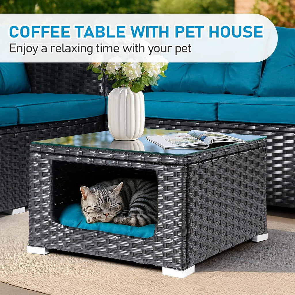 VINGLI 4 Pieces Outdoor Sectional Wicker Patio Furniture with Storage, Patio Sectional Sofa Outdoor Couch Conversation Set, Glass Top Coffee Table for Backyard, Pool, Garden(Black)