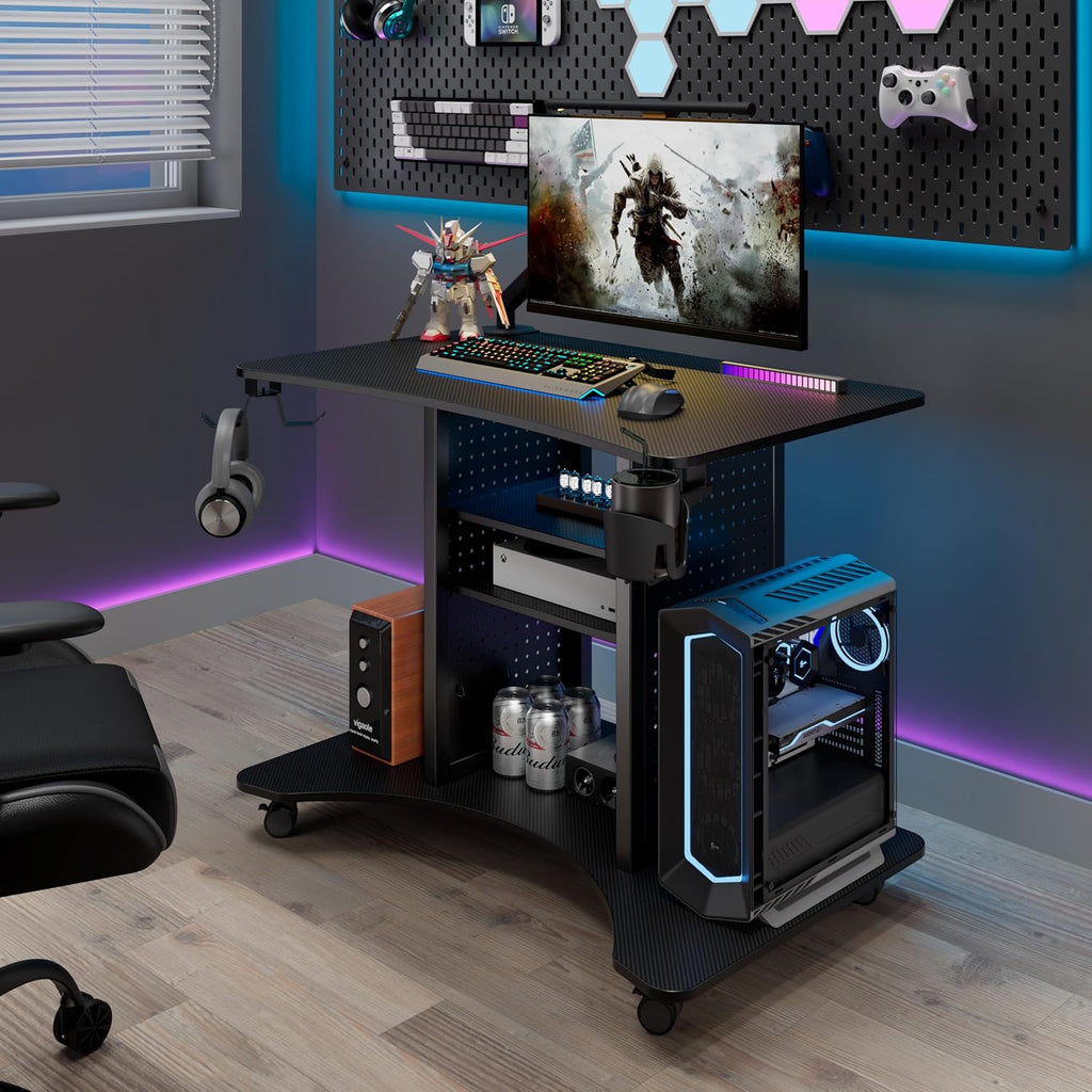 EUREKA ERGONOMIC Gaming Desk Computer, 37' Rolling Desk on Wheels for Small Space, Mobile Computer Cart with Pegboards Adjustable Shelves for Gaming PS Switch Home Office - Black