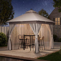 LAUSAINT HOME Patio Gazebo 10'x10' with Solar LED Roof Lights, Outdoor Heavy Duty Party Tent Shelter with Double Roofs, Mosquito Netting & Privacy Curtains for Backyard, Garden, Lawn, Khaki