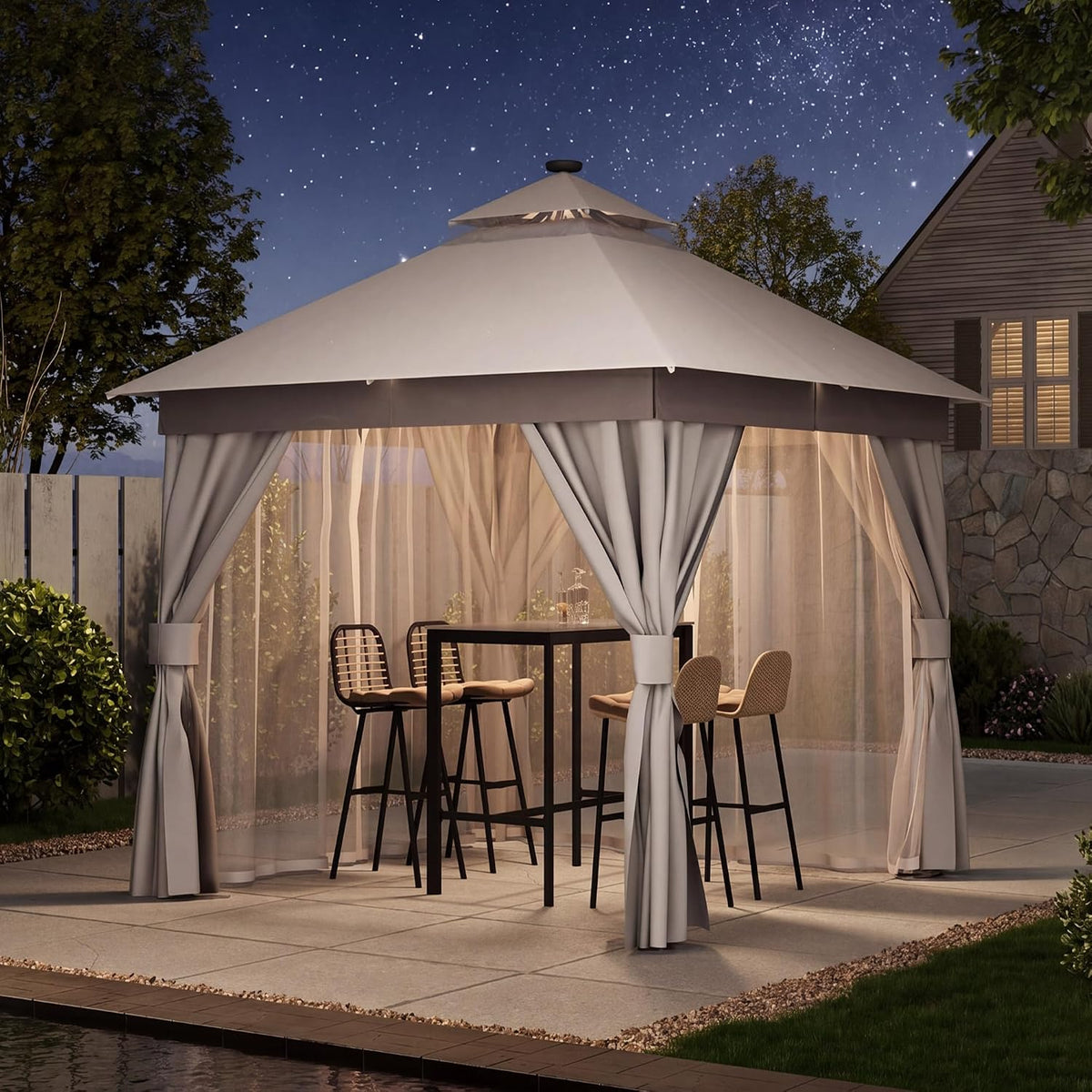 LAUSAINT HOME Patio Gazebo 10'x10' with Solar LED Roof Lights, Outdoor Heavy Duty Party Tent Shelter with Double Roofs, Mosquito Netting & Privacy Curtains for Backyard, Garden, Lawn, Khaki