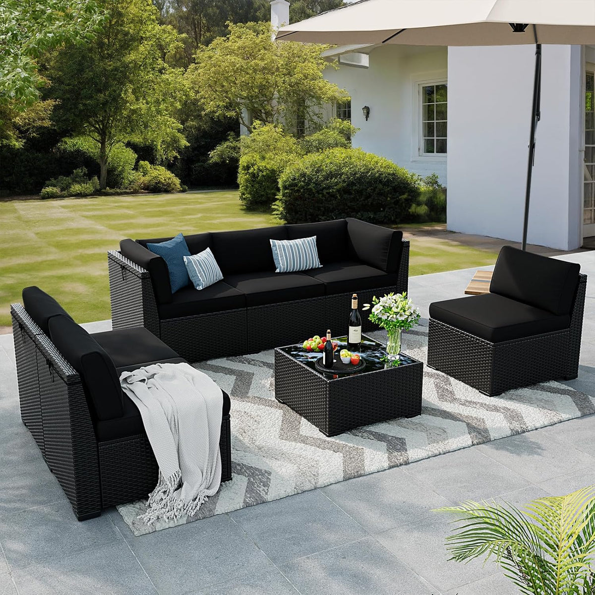 Patio Furniture Set, 7 Pieces Outdoor Sectional Sofa Set with Waterproof Cover, Black PE Wicker Rattan Slanted Back Outdoor Conversation Set with Cushions and Glass Coffee Table, Black
