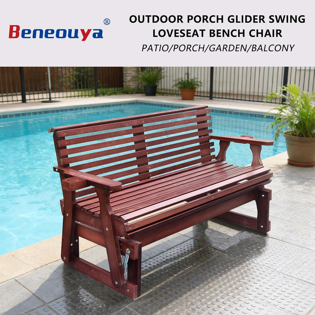 5FT Outdoor Glider with Cupholders, High Roll Back, 3-Seater Glider Chair, Outdoor Glider Bench with 800 LBS Capacity for Backyard, Porch, Balcony, Dark Brown