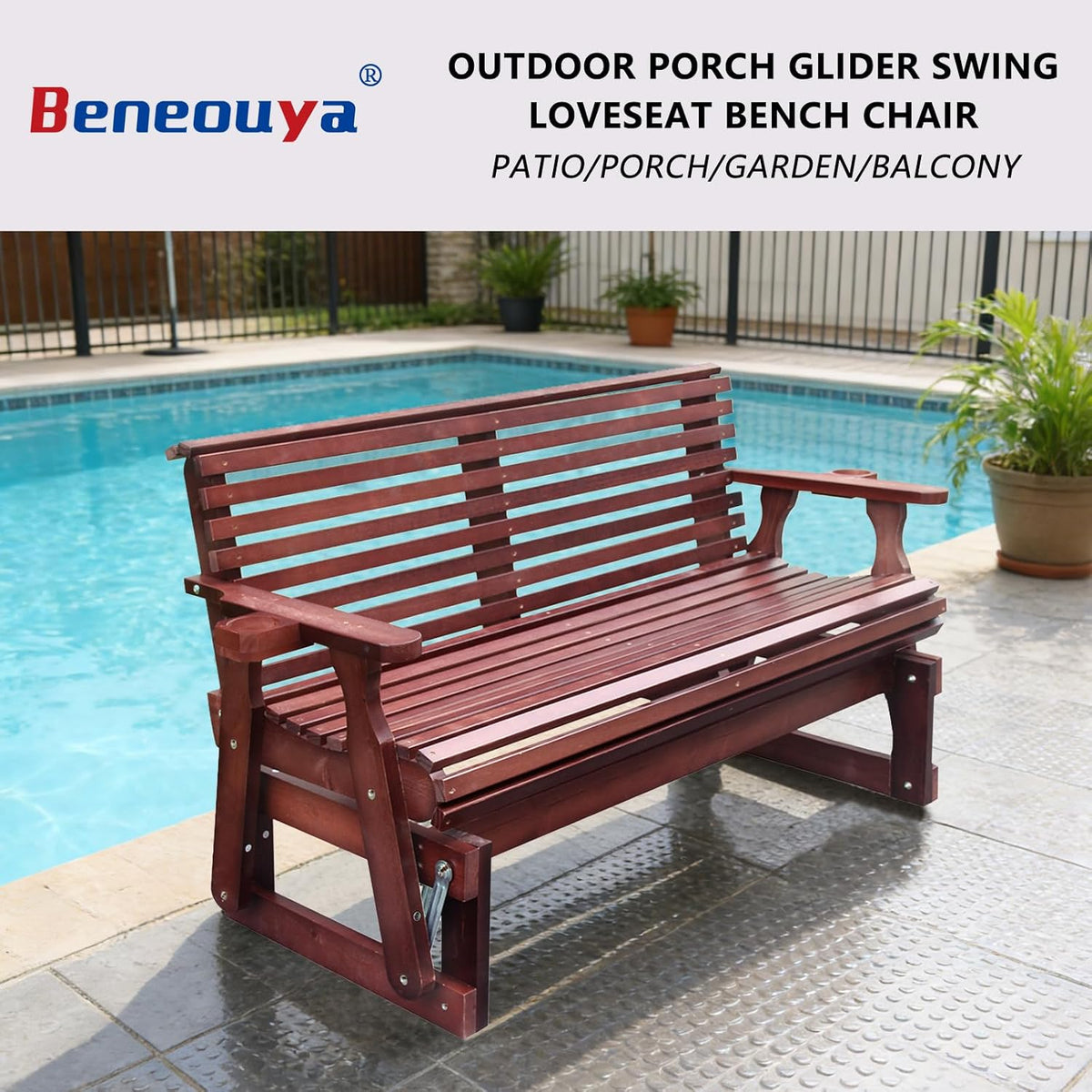 5FT Outdoor Glider with Cupholders, High Roll Back, 3-Seater Glider Chair, Outdoor Glider Bench with 800 LBS Capacity for Backyard, Porch, Balcony, Dark Brown