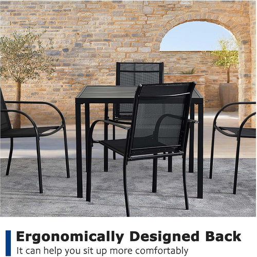 5 Pieces Patio Dining Set for 4, Black Patio Stackable Chairs and Black Square Table Set of 4, Outdoor Furniture Set with Sling Support for Outside, Garden