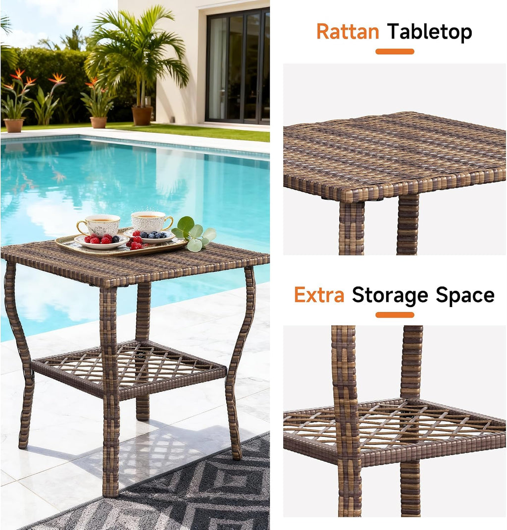 DECMICO 3 Pieces Rocking Bistro Set, Wicker Outdoor Rocking Chair with Washable Cushions, Rattan Rocking Chairs with Rattan Table, Outdoor Wicker Chair for Patio Backyard Porch Garden