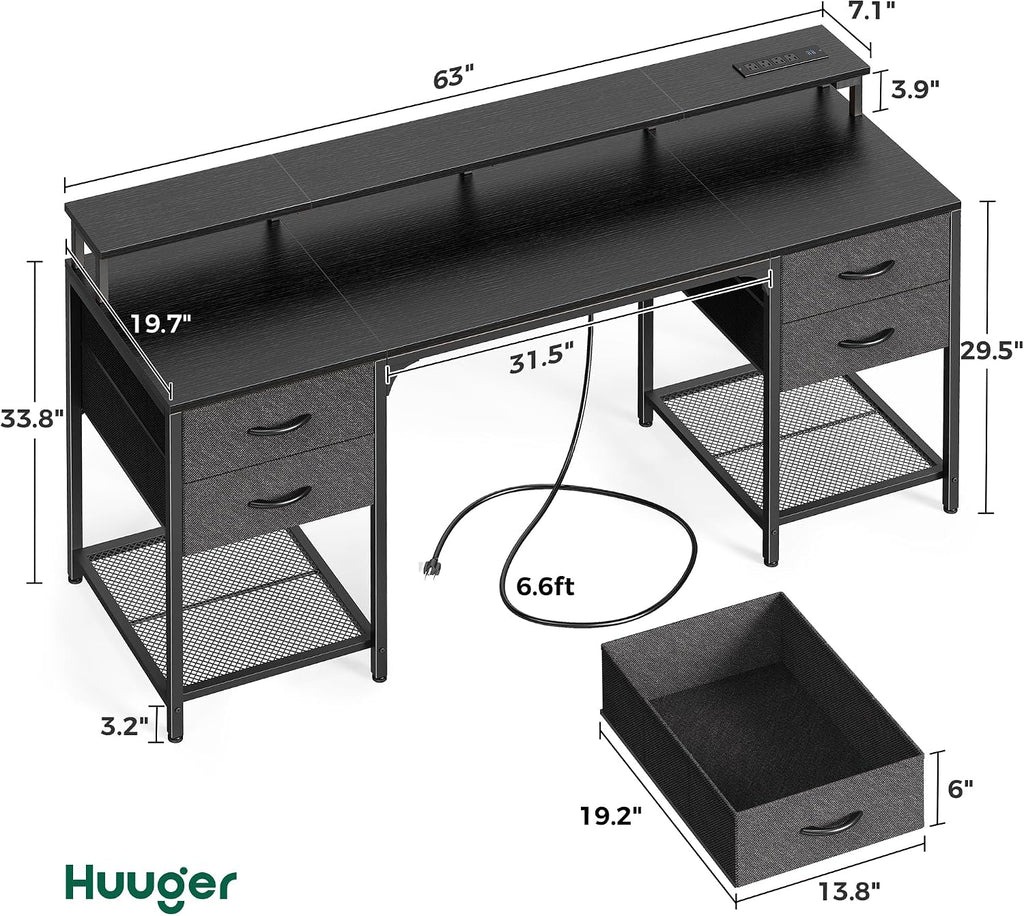 Huuger 63 inch Computer Desk with 4 Drawers, Gaming Desk with LED Lights & Power Outlets, Home Office Desk with Large Storage Space for Bedroom, Work from Home, Black