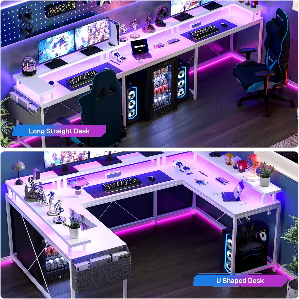 Jojoka U Shaped Computer Gaming Desk, Reversible L Shaped Desk with Power Outlets, LED Strip & Monitor Stand, Large Corner Desk with Storage Shelves for Home Office, White
