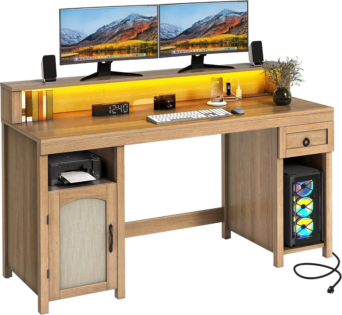 DWVO L Shaped Desk with Drawers, 65' Corner Desk Computer Desk with Power Outlets & LED Lights, Home Office Desk with Storage Shelves & Printer Stand, Light Brown