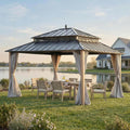 SUNJOY Kingston 14' x 12' Hardtop Gazebo with Curtain, Netting and Galvanized Steel Double Roof, Woodgrain Finish Aluminum Posts Permanent Pavilion Gazebo for Garden, Patio, Deck, Lawn