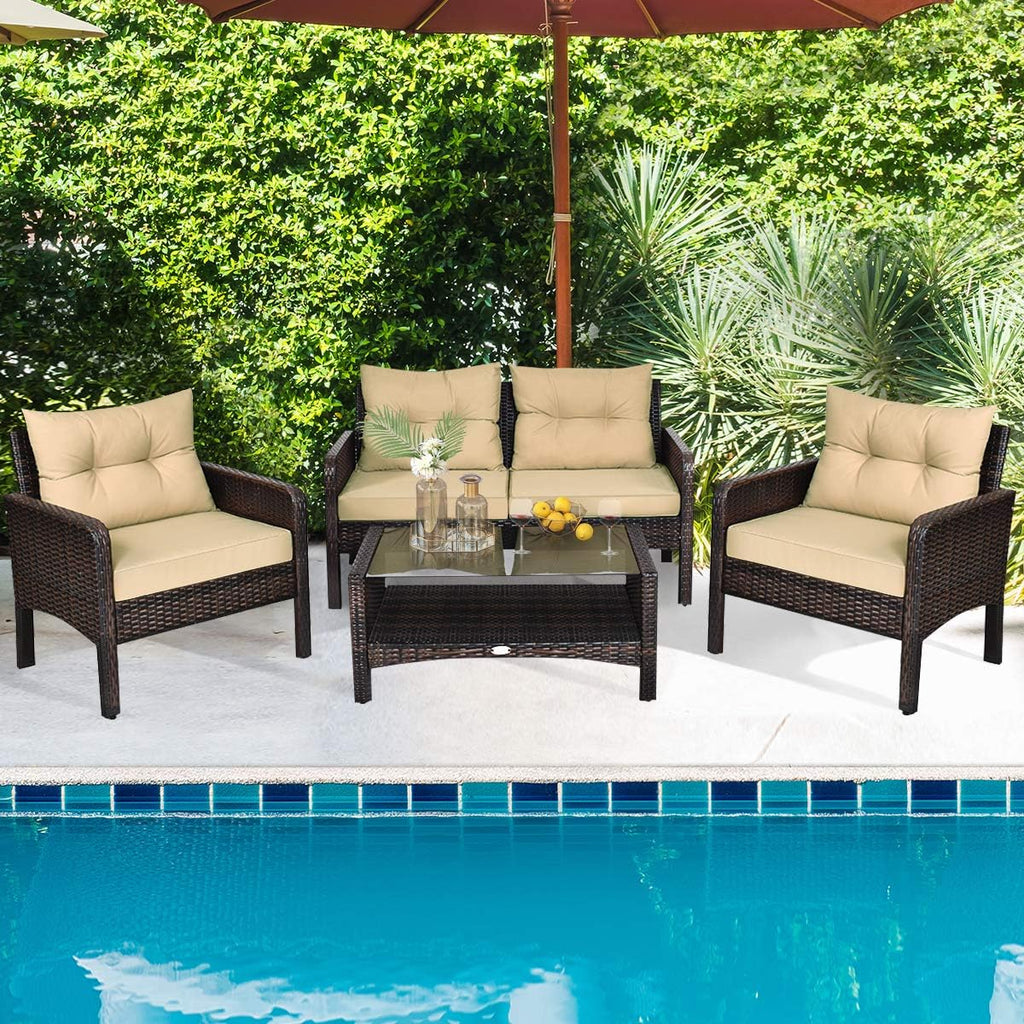HAPPYGRILL 4-Piece Patio Furniture Outdoor Rattan Wicker Sofa Set with Cushions & Coffee Table with Tempered Glass Table Top and Storage Shelf