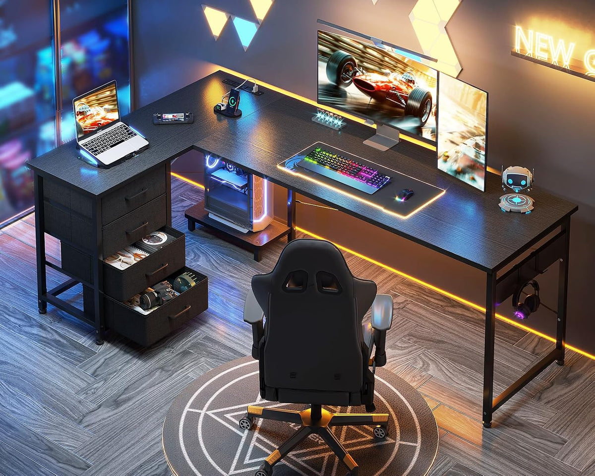 AODK L Shaped Gaming Desk with 4 Drawers, 67' Reversible Home Office Desks with Power Outlets, L Shaped Computer Desk with USB Charging Port and Host Stand, Corner Desk, Easy to Assemble, Black