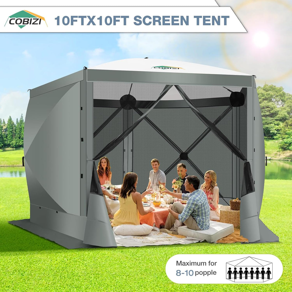 COBIZI Pop Up Gazebo Screen Tent Screen House for Camping, 10x10 Screen Room with Mosquito Netting, Hub Tent Instant Screened Canopy with Carrying Bag and Ground Stakes, Gray