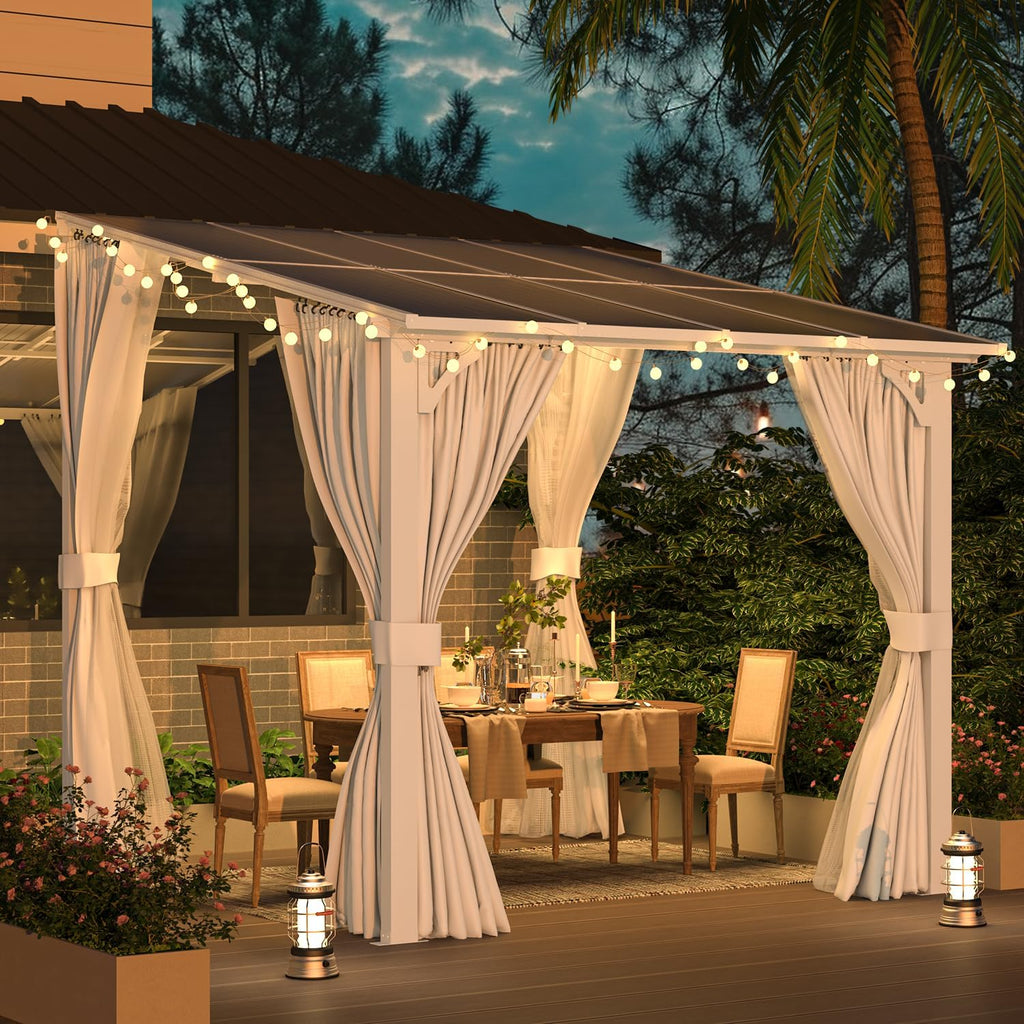 AECOJOY 8'x8' Outdoor Lean to Gazebo Pergola with Curtains and Netting for Patio, Small Wall Mounted Pergolas and Grill Gazebos Clearance, Heavy Duty Carport Metal Awnings Canopy for Deck in White