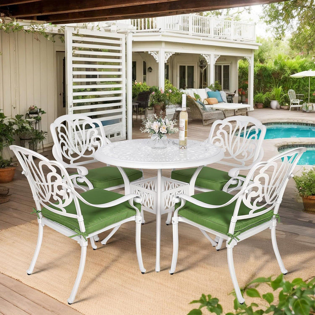 VIVIJASON 5-Piece Patio Furniture Dining Set, All-Weather White Cast Aluminum Outdoor Conversation Set, Include 4 Cushioned Chairs and a 35.4' Round Table w/Umbrella Hole for Balcony Lawn Garden