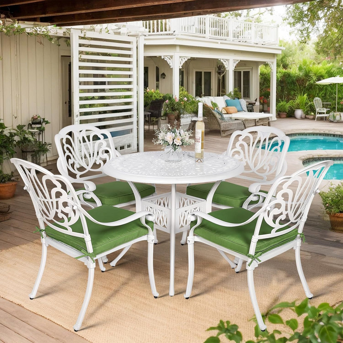 VIVIJASON 5-Piece Patio Furniture Dining Set, All-Weather White Cast Aluminum Outdoor Conversation Set, Include 4 Cushioned Chairs and a 35.4' Round Table w/Umbrella Hole for Balcony Lawn Garden