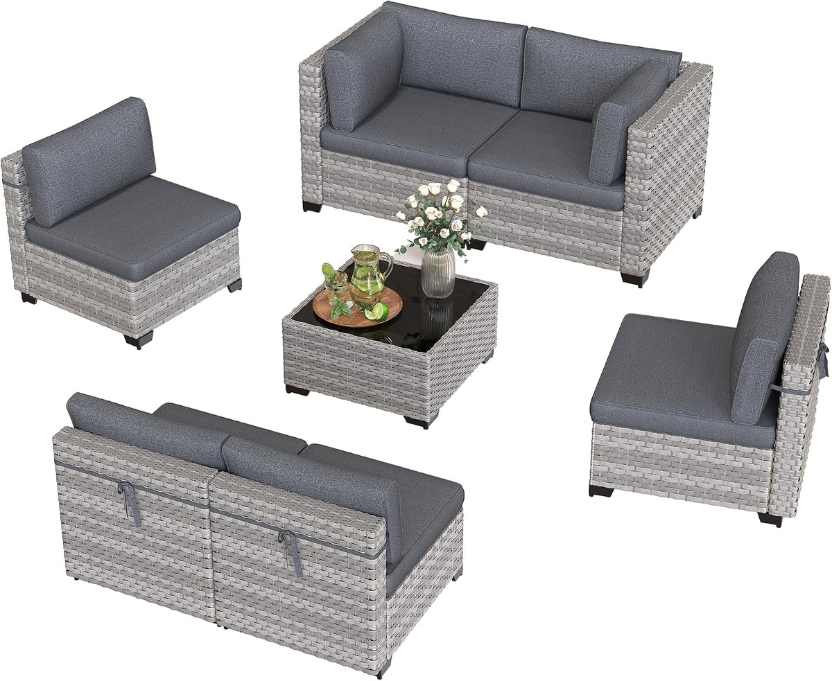 6-Piece Outdoor Patio Furniture Set, All-Weather Wicker Sectional Sofa with Deep Seating 4' Cushions, Heavy-Duty Steel Frame, Modular Rattan Couch for Backyard, Deck & Garden, Black