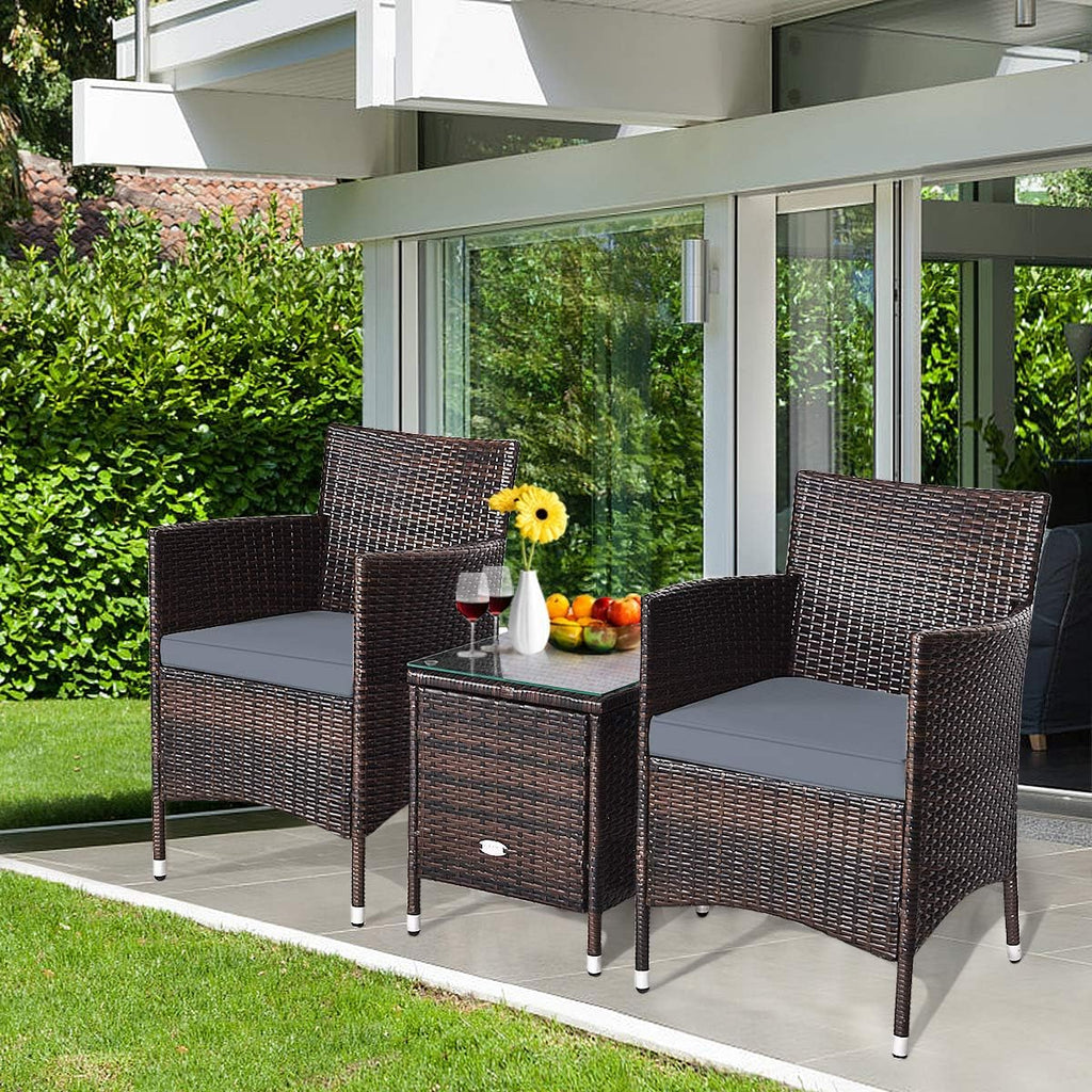 HAPPYGRILL 3-Pieces Patio Furniture Set Outdoor Wicker Rattan Conversation Set with Coffee Table Chairs & Thick Cushions Bistro Sets for Patio Garden Lawn Backyard Pool