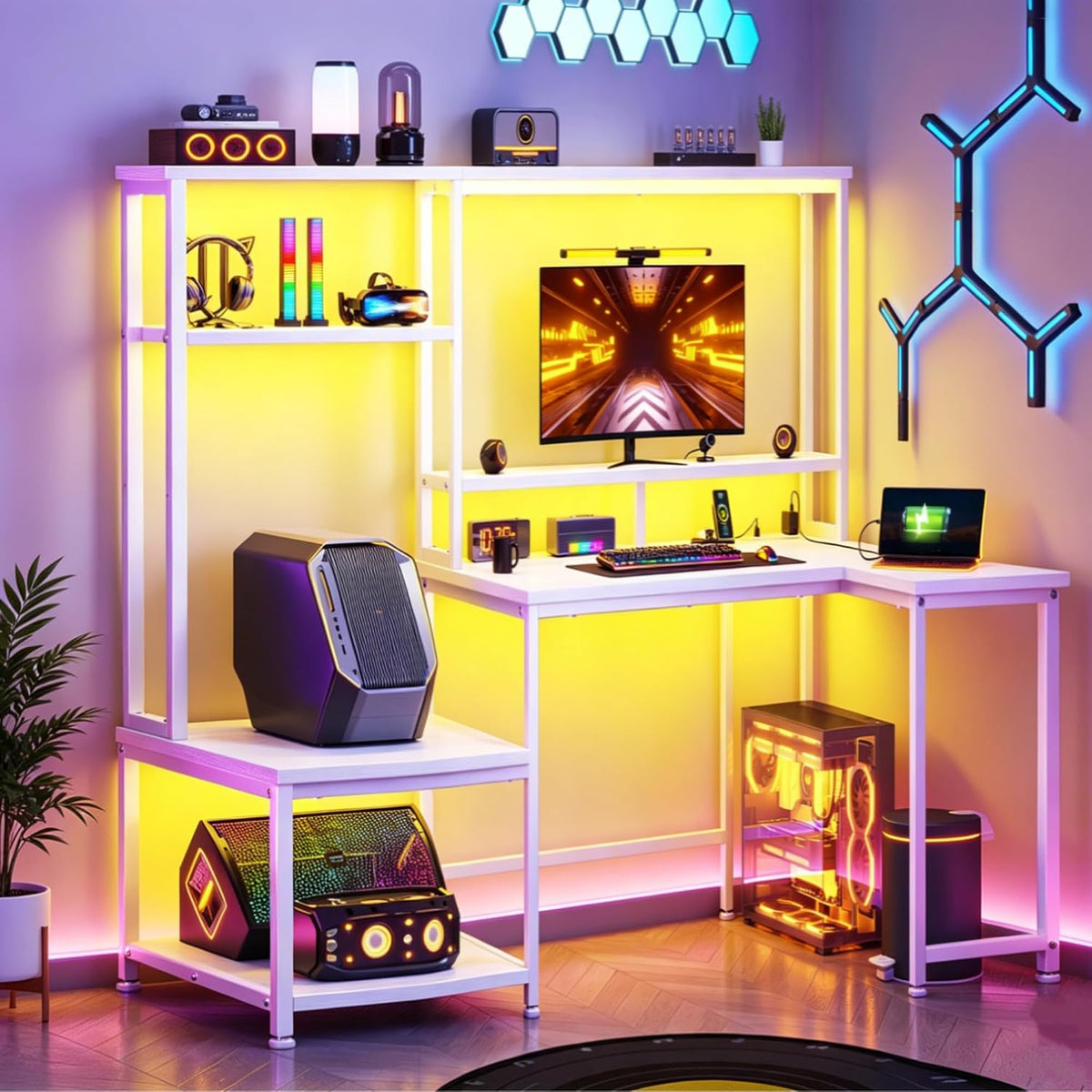 L Shaped Gaming Desk with LED Lights & Outlets,55' Computer Desk with Shelves & Storage Hutch,Reversible Corner Gaming Table with Printer Space & Monitor Stand for Game Room,Home Office,White