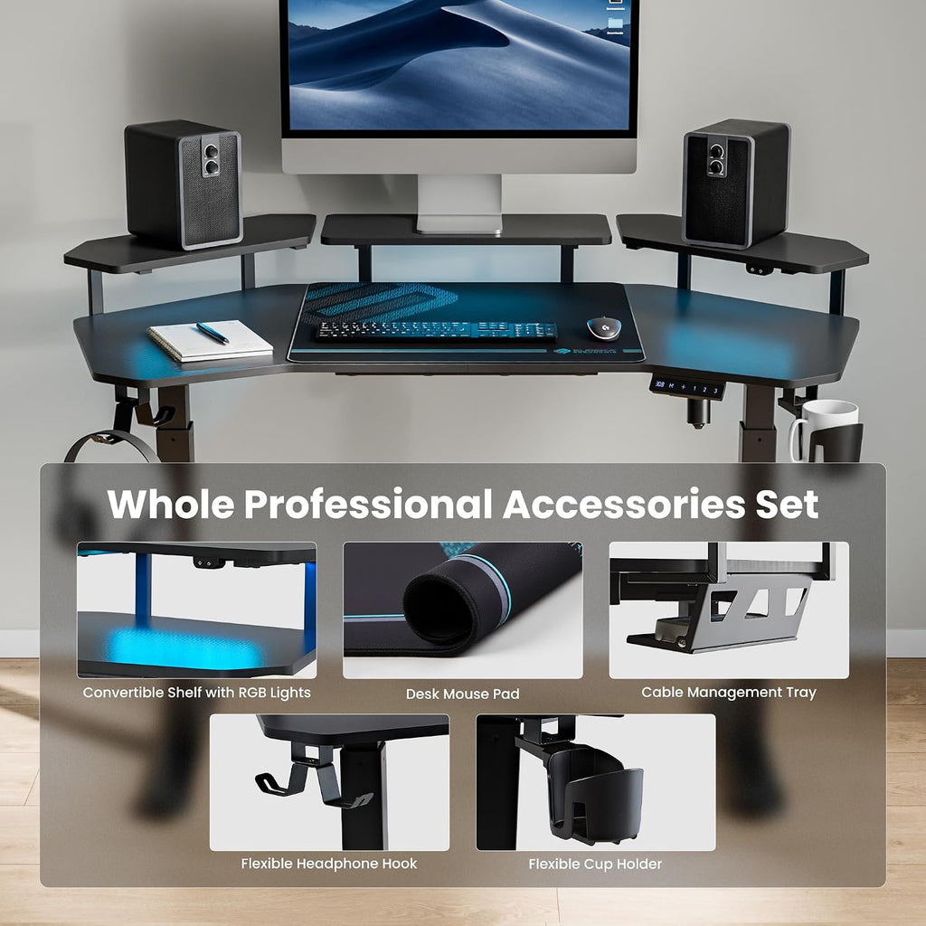 EUREKA ERGONOMIC Aero 55 Inch W Shaped Electric Standing Desk, Height Adjustable Computer Gaming Desk with LED Monitor Shelf, Mouse Pad, Headphone Hook, Cup Holder, Carbon Black