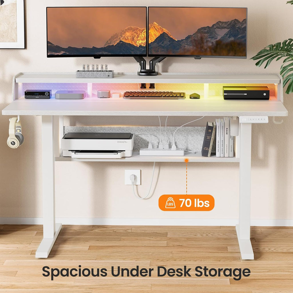 ErGear Electric Standing Desk, 48x24 Inch Adjustable Sit Stand Desk with Bookshelf & Monitor Stand, Standing Gaming Desk with LED Light Strip, Stand Up Desk for Home Office, White