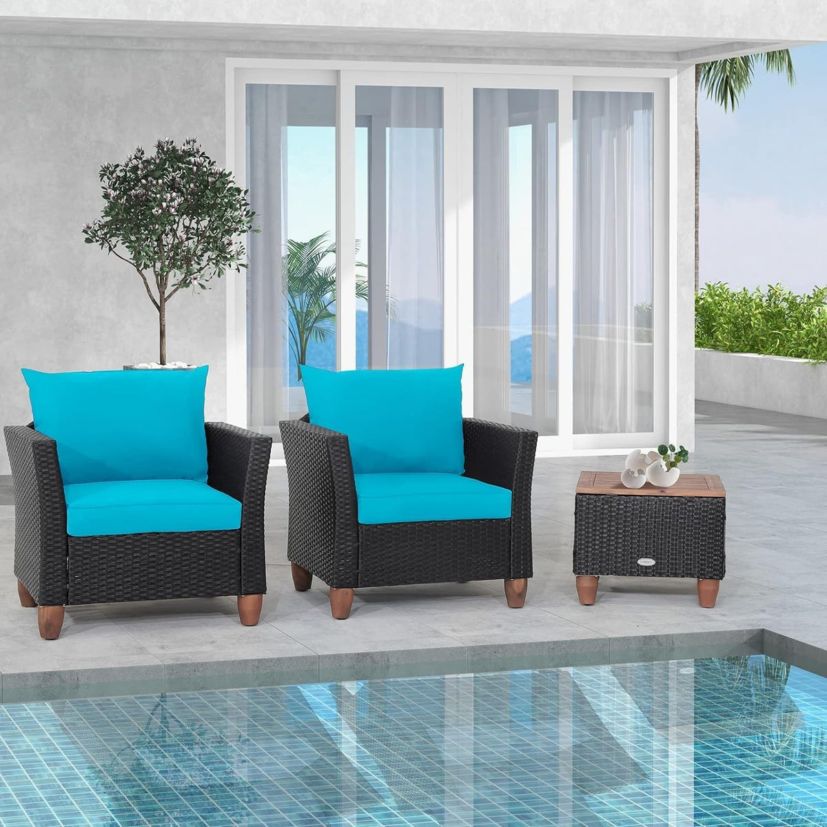LDAILY Patio 3 Pieces Patio Furniture Set, PE Rattan Outdoor Wicker Sofa Chair with Washable Cushion & Wood Storage Table, Patio Conversation Set for Porch, Yard, Garden (Turquoise)