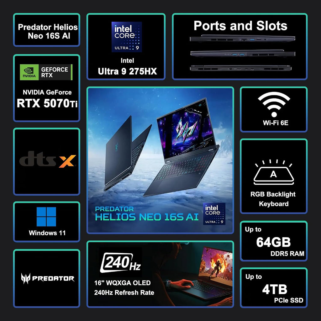 acer Predator Helios Neo 16S AI Gaming Laptop 16' 2560x1600 OLED 240Hz (100% DCI-P3) Intel 24-core Ultra 9 275HX 64GB RAM 1TB SSD GeForce RTX 5070 Ti DLSS4 (Up to 992 AI Tops) Win11 ICP Hub