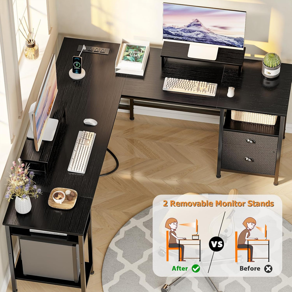 Furologee 66' L Shaped Desk with Power Outlet, Reversible Computer Gaming Desk with File Drawer & 2 Monitor Stands for Home Office with Storage Shelves, Black