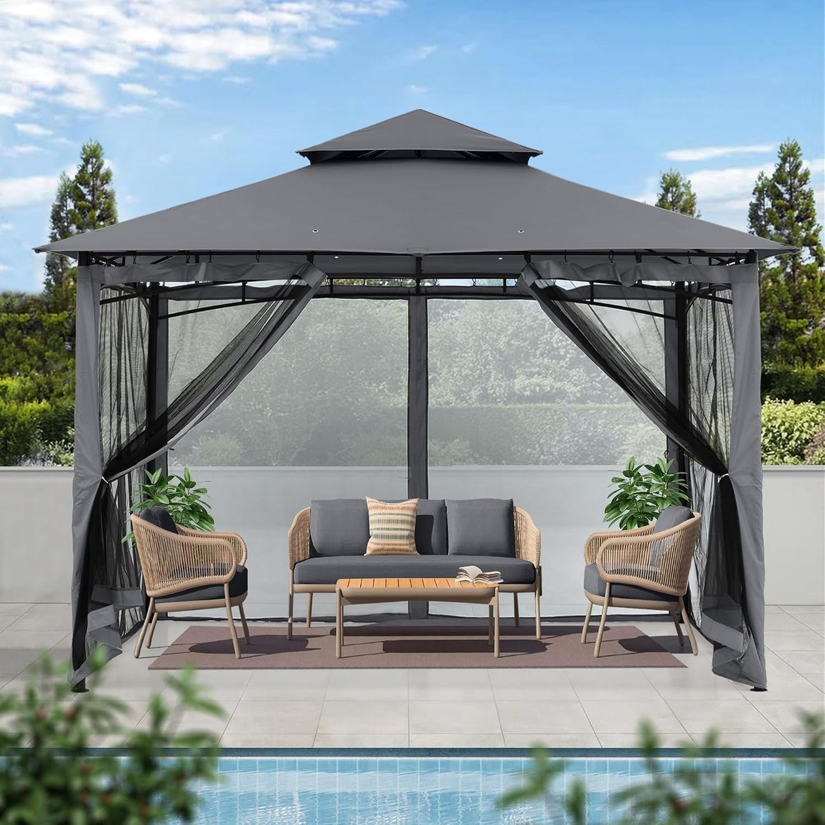 MASTERCANOPY Outdoor Garden Gazebo for Patios with Stable Steel Frame and Netting Walls (9x9,Dark Gray)