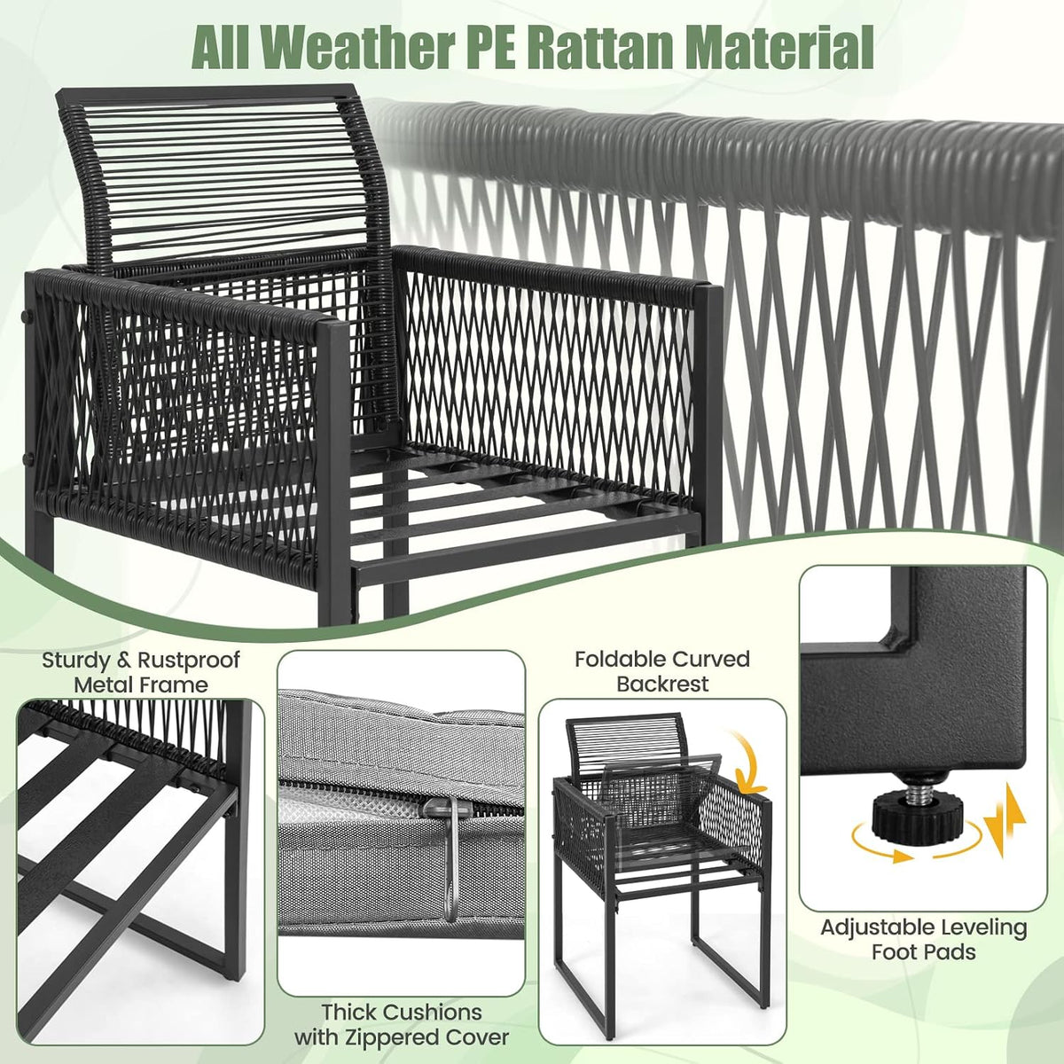 DORTALA Wicker Outdoor Bistro Set 3 Piece, Small Patio Furniture Dining Set with with Cushions, Tempered Glass Tabletop, All- Weather Table and Chairs for Backyard, Balcony, Poolside, Black+Grey