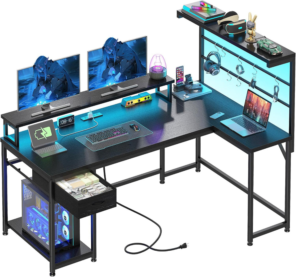 EnHomee 53 inch L Shaped Gaming Desk with LED Lights & Power Outlets, Reversible Corner Desk with Monitor Stand, Computer Desk with Shelf and Drawers for Home Office Writing, Study & Gaming, Black