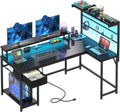 EnHomee 53 inch L Shaped Gaming Desk with LED Lights & Power Outlets, Reversible Corner Desk with Monitor Stand, Computer Desk with Shelf and Drawers for Home Office Writing, Study & Gaming, Black
