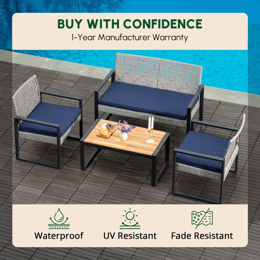 BEEFURNI Wicker Patio Furniture Outdoor Conversation Set of 4, Rattan Outdoor Furniture Set, Acacia Wood Table, 2 Chairs, 1 Loveseat, 2' Cushions, All Weather Set for Patio, Porch, Balcony (Gray)