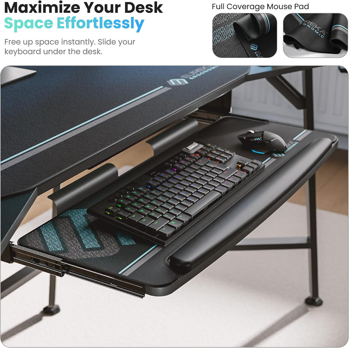 EUREKA ERGONOMIC Aero 72 Inch Gaming Desk with Keyboard Tray, Large Computer Desk Led Lights, Wing-Shaped Monitor Stand Dual Headphone Hanger Cup Holder for Studio,Streamer,Live,Black