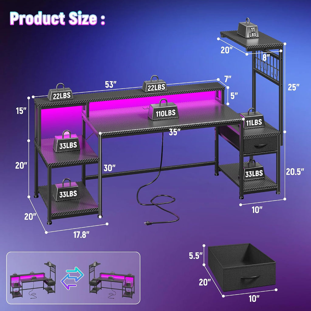 DurayLoly 63' Gaming Desk with LED Lights & Outlets,Computer Desk with Drawers & Monitor Stand,Gaming Table with 3 Storage Shelves, Hooks& Printer Space for Game&Study Room,Home Office,Bedroom,Black