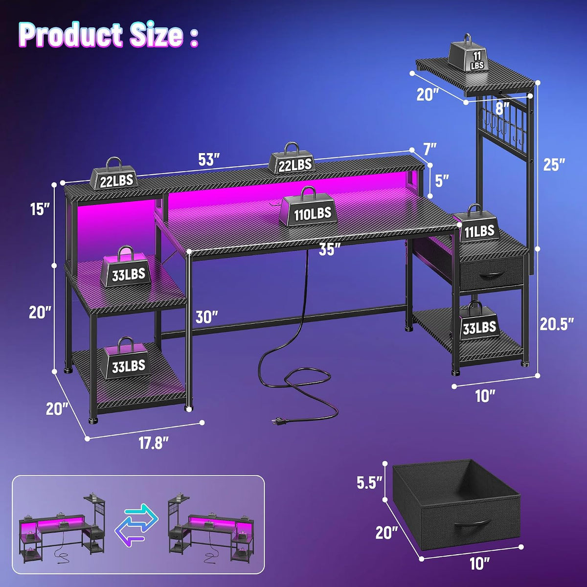 DurayLoly 63' Gaming Desk with LED Lights & Outlets,Computer Desk with Drawers & Monitor Stand,Gaming Table with 3 Storage Shelves, Hooks& Printer Space for Game&Study Room,Home Office,Bedroom,Black
