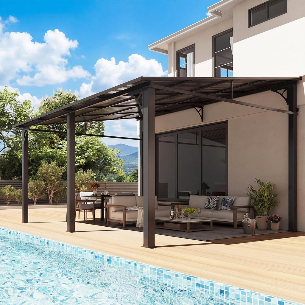 Aoxun 10' x 14' Lean to Gazebo, Upgraded Hardtop Outdoor Pergola with Sloping Galvanized Steel Roof, Large Wall-Mounted Heavy Duty Awnings for Patio, Backyard, Deck, Porch (Black)
