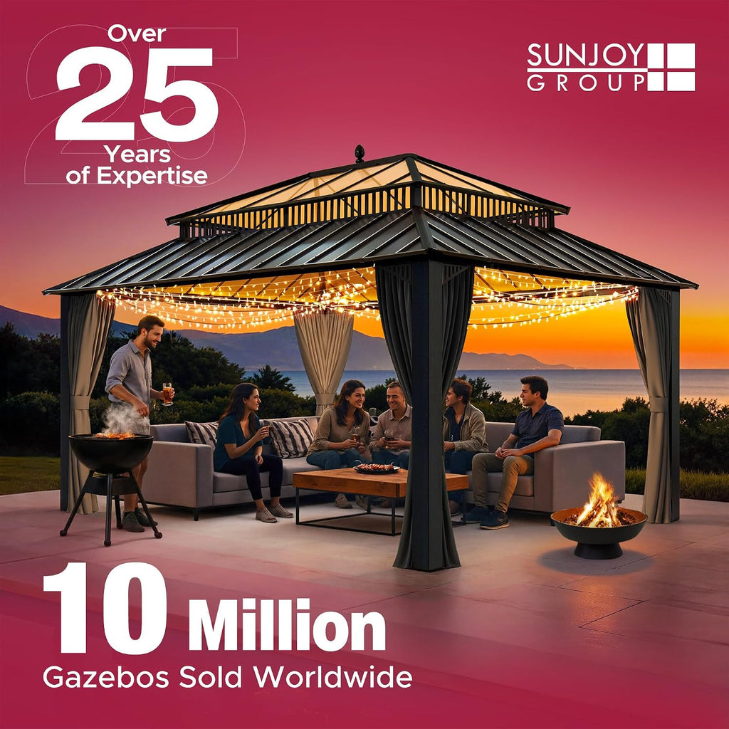 Sunjoy Wooden Grill Gazebo, 8 x 12 ft. Steel Hardtop Outdoor Gazebo for Year-Round Grilling, 2 Full Size Grills, Griddles or Smokers - Cook Station, Barbeque, Built-in Electrical Outlets, Black
