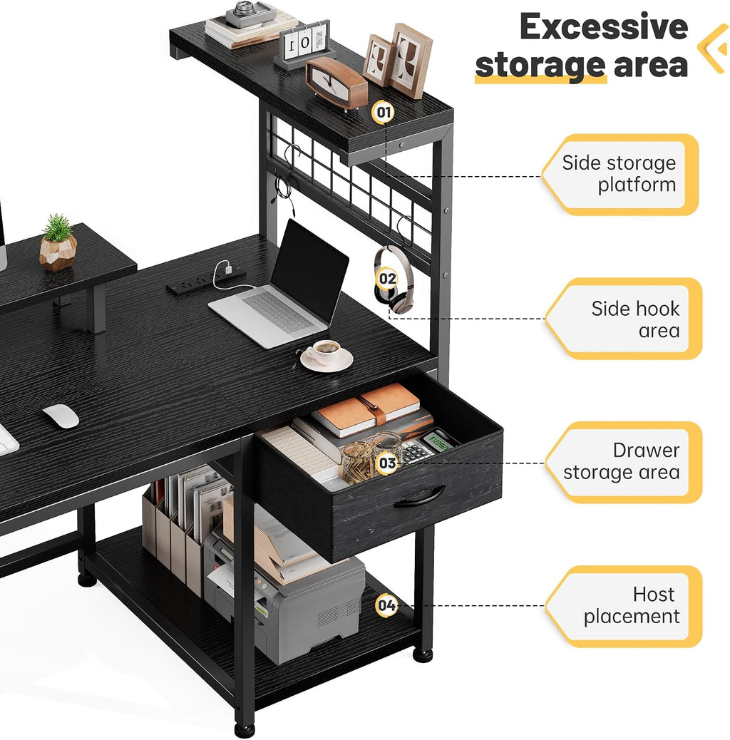 EnHomee 48' Gaming Desk with LED Lights & Power Outlets, Home Office Desk with Monitor Stand, Computer Desk with Drawer & Storage Shelves for Living Room, Study Room, Gaming Room, Black