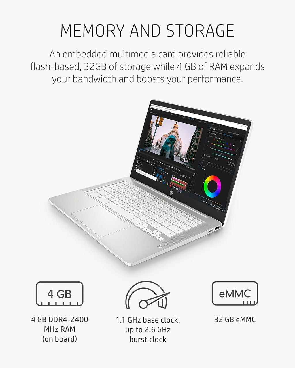 HP Chromebook 14 Laptop, Intel Celeron N4000 Processor, 4 GB RAM, 32 GB eMMC, 14' HD Display, Chrome, Lightweight Computer with Webcam and Dual Mics, Home, School, Music, Movies (14a-na0021nr, 2021)