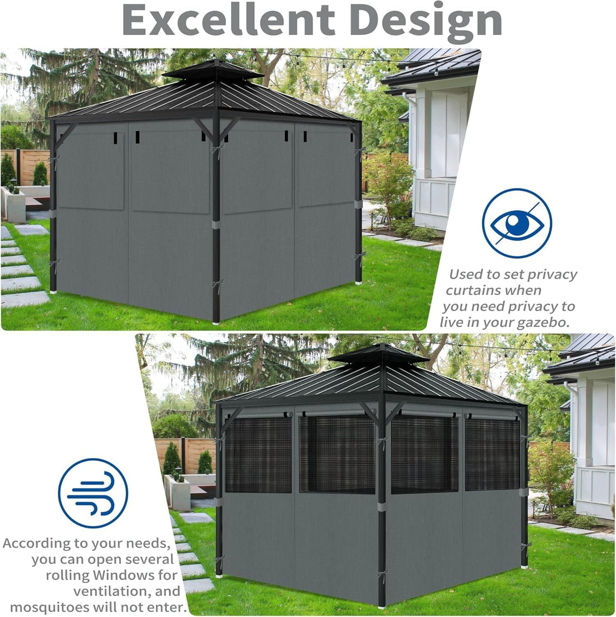 Gazebo Privacy Curtains 10' x 12' with Mosquito Windows, 4-Panels Side Wall with Zipper Universal Replacement for Patio, Outdoor Canopy, Garden and Backyard, Gray (Curtain Only)