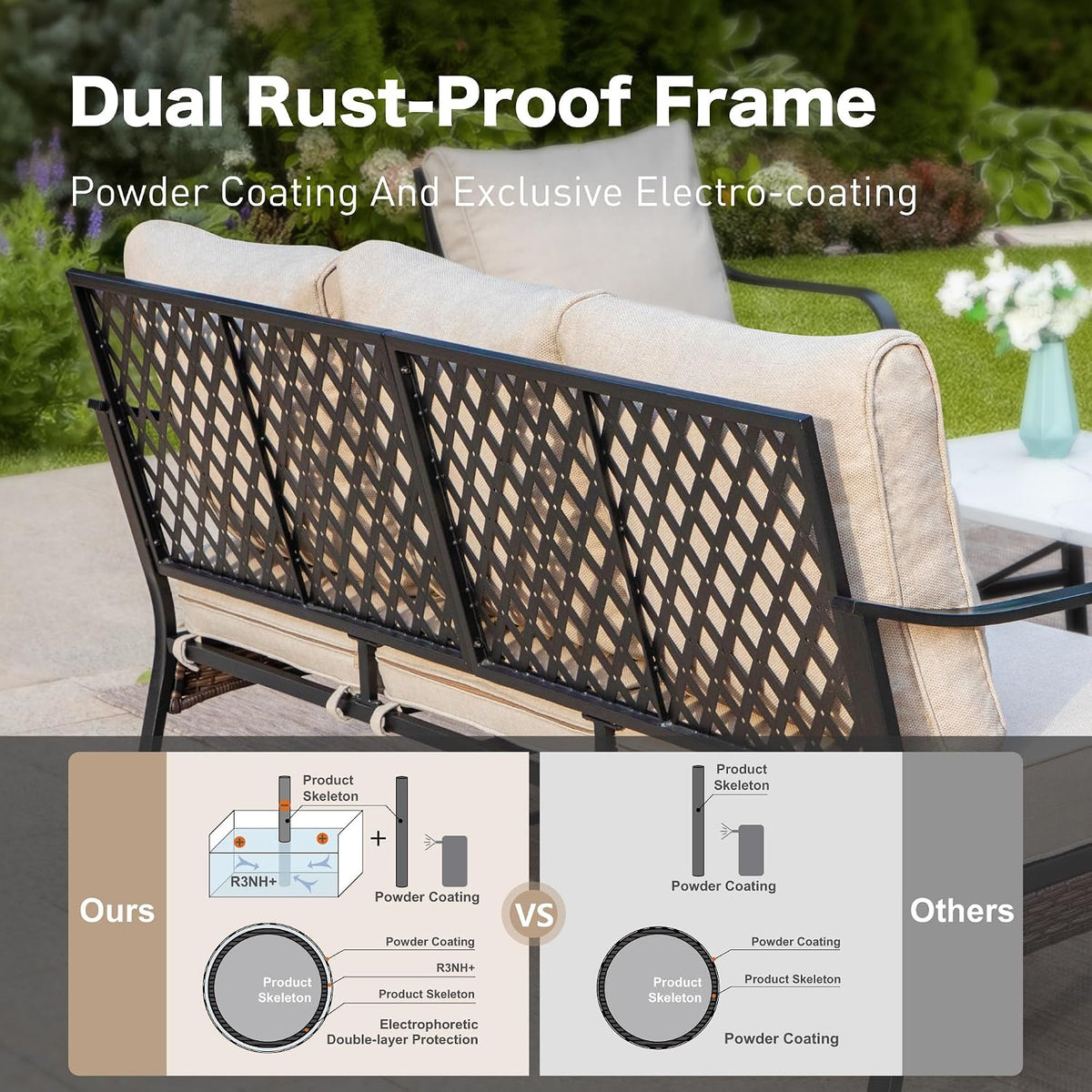 SUNSHINE VALLEY 4 PCS Metal Outdoor Patio Furniture Set, Patio Conversation Sets 1 3-Seater Sofa, 2 Swivel Chairs with 5.75' Extra Thick Cushion & Coffee Table, Black Frame Backyard Furniture, Beige