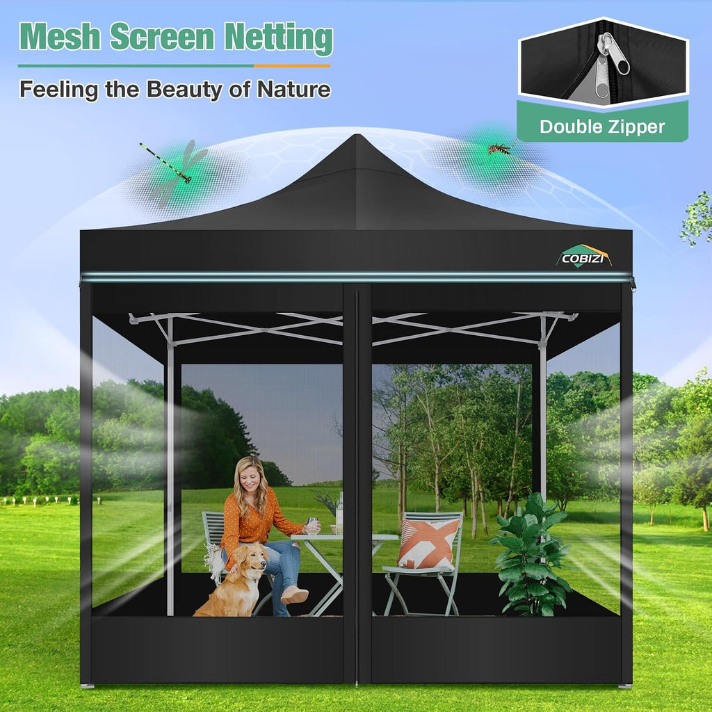 COBIZI Canopy Tent 10x10 Heavy Duty, Pop Up Gazebo with Netting Screened,Waterproof Ez up Canopy with Sidewalls, Outdoor Instant Screen House Tent for Camping,Backyard, Wedding, Birthday,Black