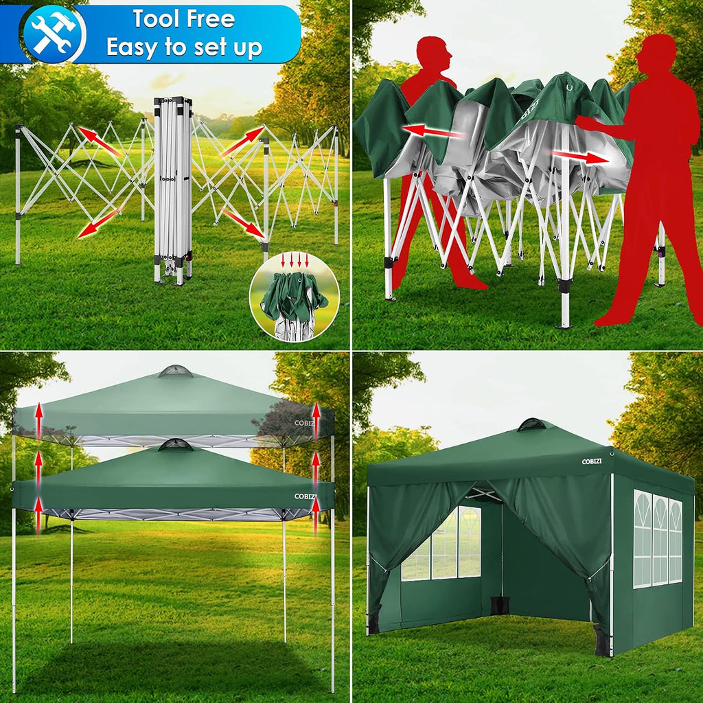 COBIZI Pop Up Canopy Tent Beach Canopy Outdoor Portable with Air Vent, 4 Removable Sides and Sandbags, 10x10, Green