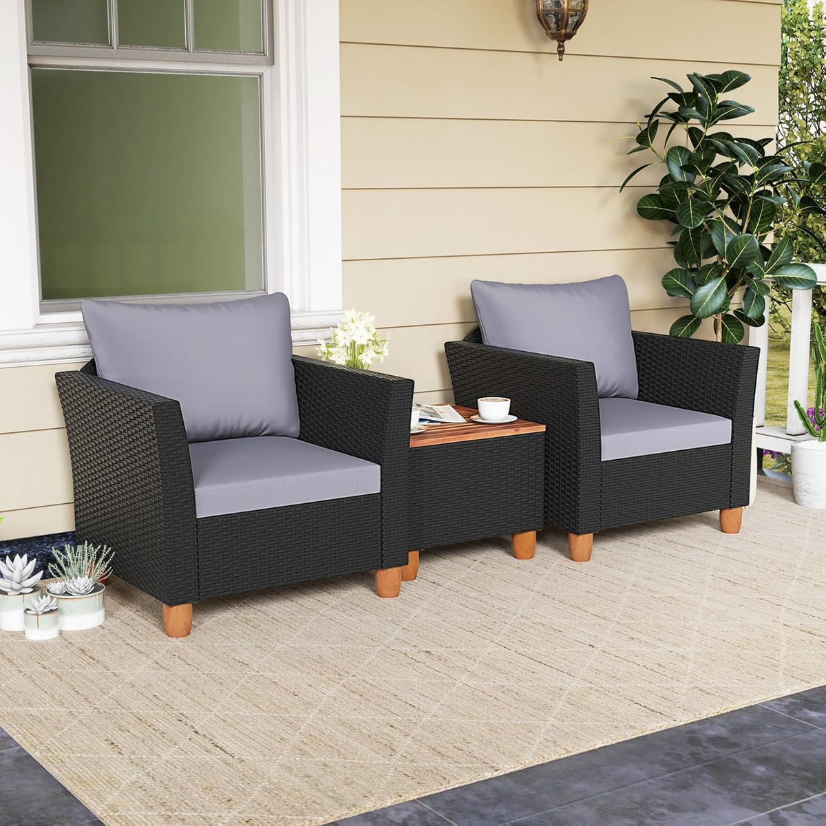 LDAILY Patio 3 Pieces Patio Furniture Set, PE Rattan Outdoor Wicker Sofa Chair with Washable Cushion & Wood Storage Table, Patio Conversation Set for Porch, Yard, Garden (Grey)